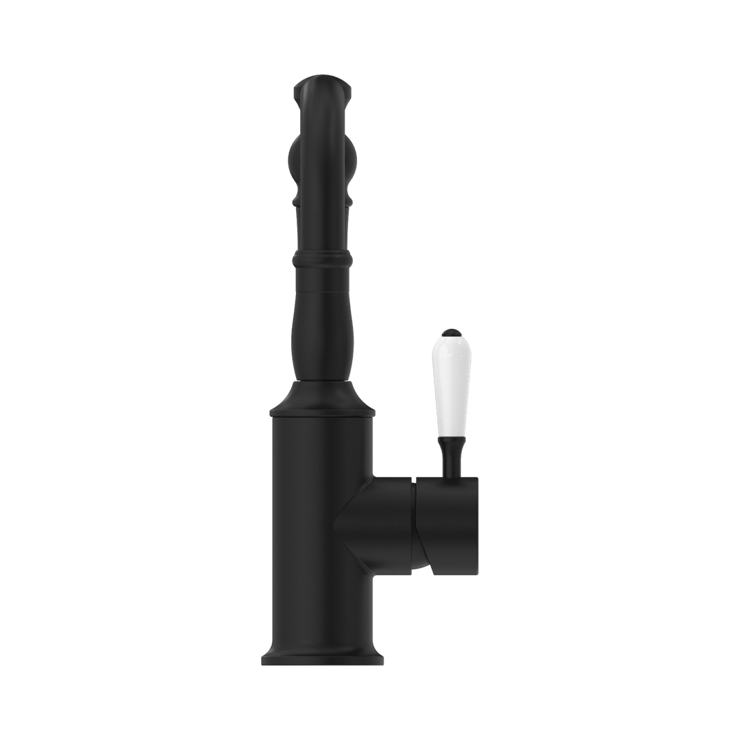 Nero York Basin Mixer Hook Spout w/ Porcelain Lever Matte Black