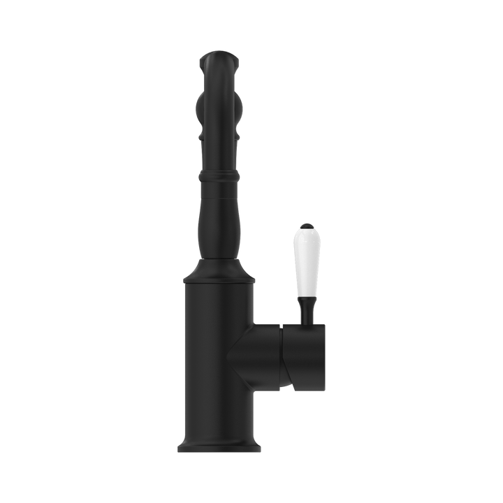 Nero York Basin Mixer Hook Spout w/ Porcelain Lever Matte Black