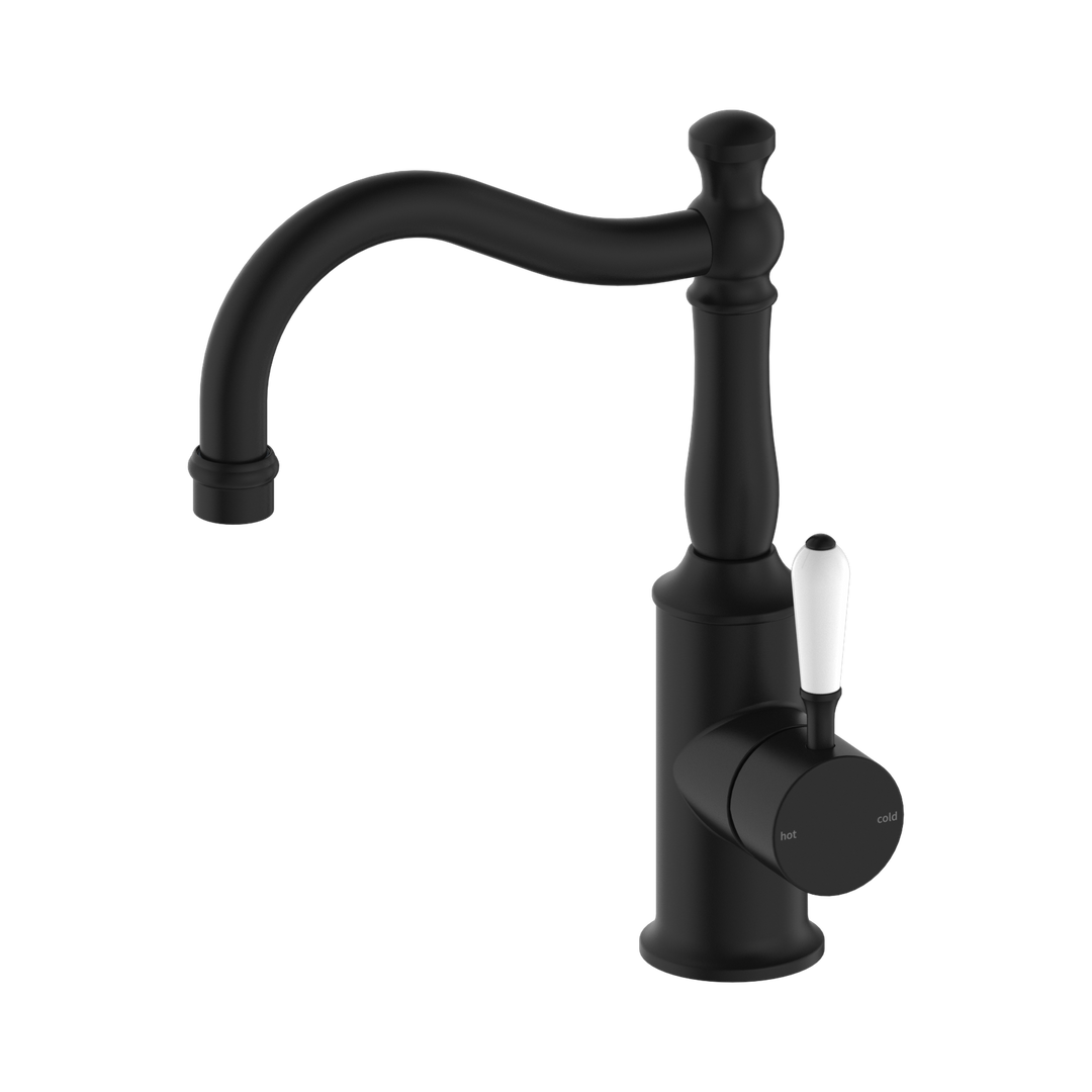 Nero York Basin Mixer Hook Spout w/ Porcelain Lever Matte Black