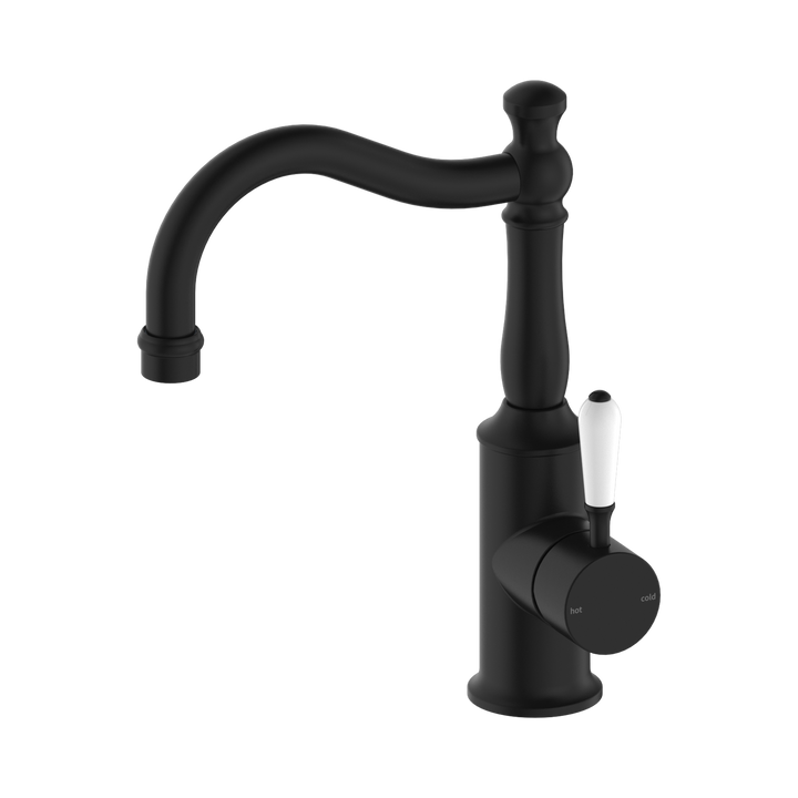 Nero York Basin Mixer Hook Spout w/ Porcelain Lever Matte Black