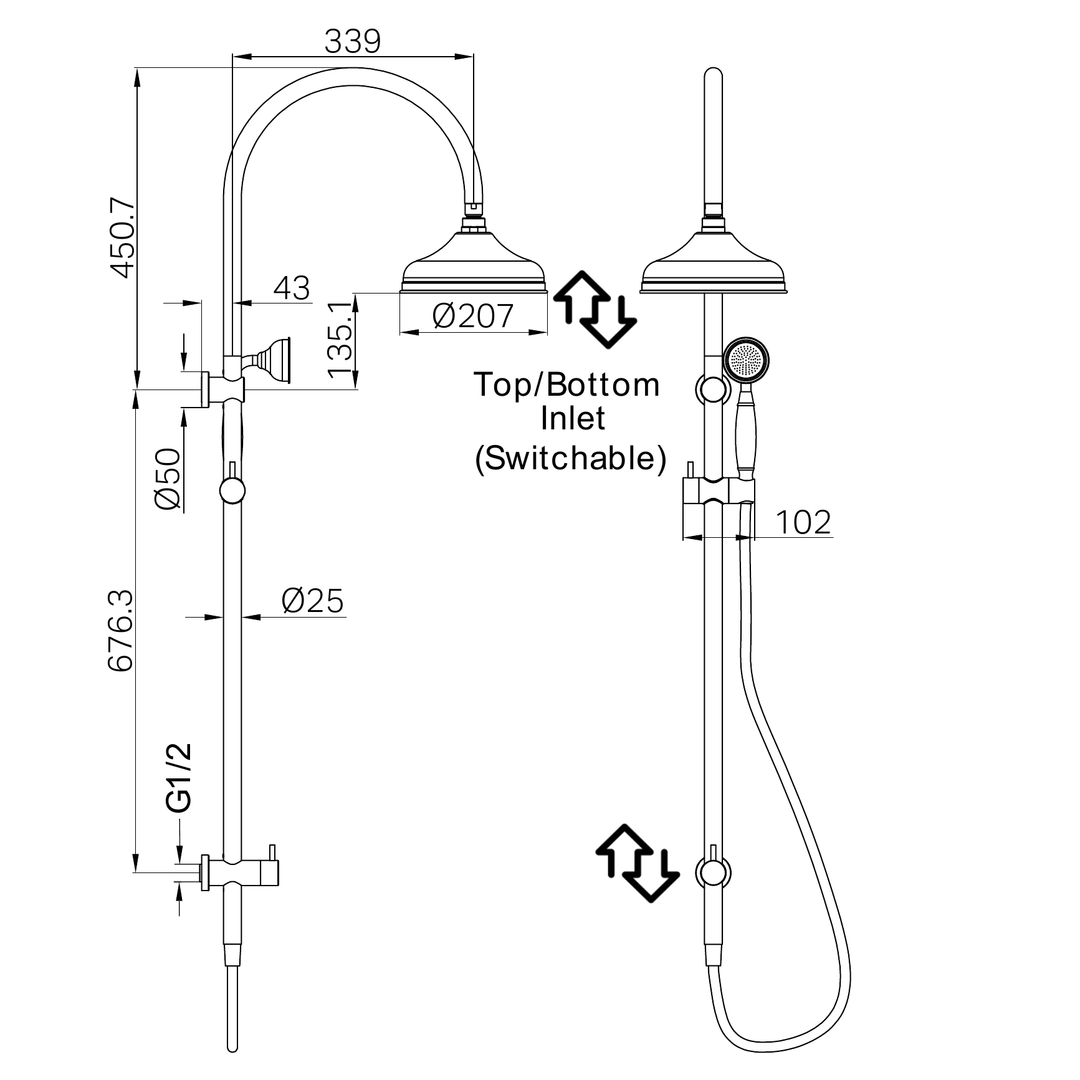 Nero York Twin Shower w/ Porcelain Hand Shower CP Line Drawing
