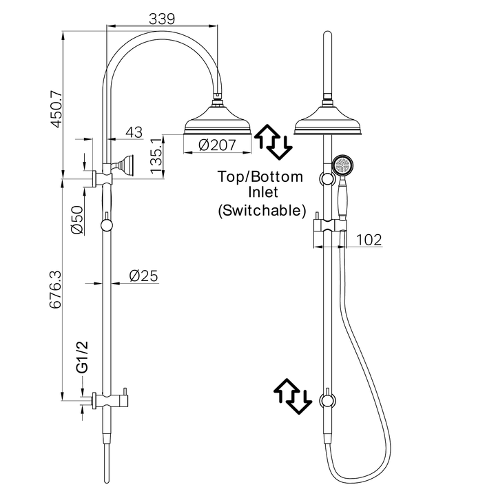 Nero York Twin Shower w/ Porcelain Hand Shower CP Line Drawing