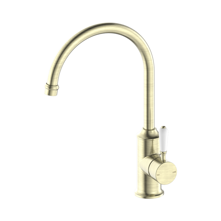 Nero York Kitchen Mixer Gooseneck Spout w/ Porcelain Lever CP Aged Brass