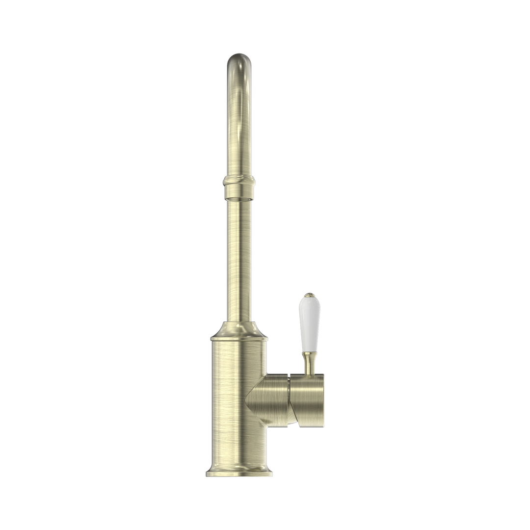 Nero York Kitchen Mixer Gooseneck Spout w/ Porcelain Lever CP Aged Brass