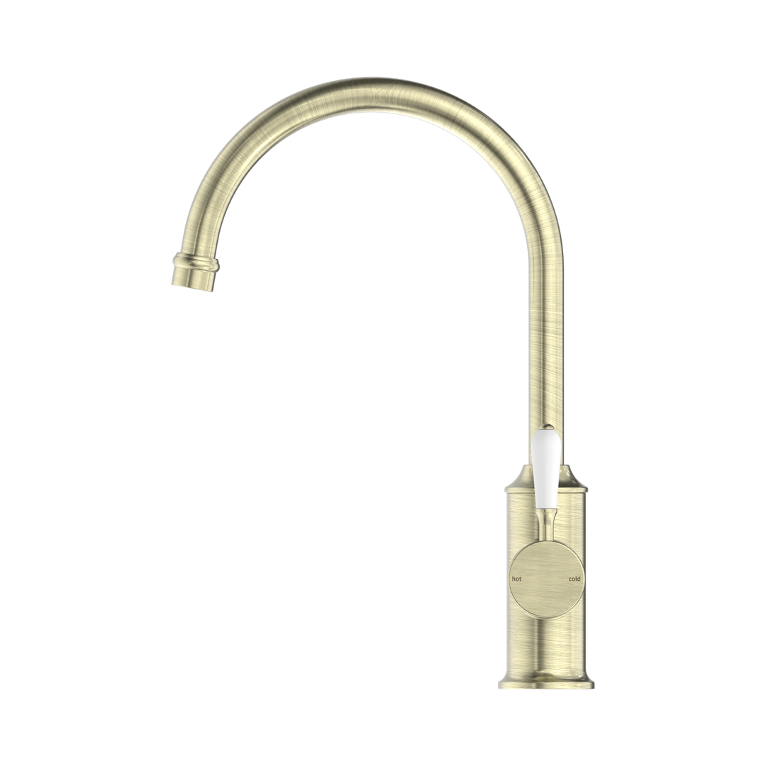 Nero York Kitchen Mixer Gooseneck Spout w/ Porcelain Lever CP Aged Brass