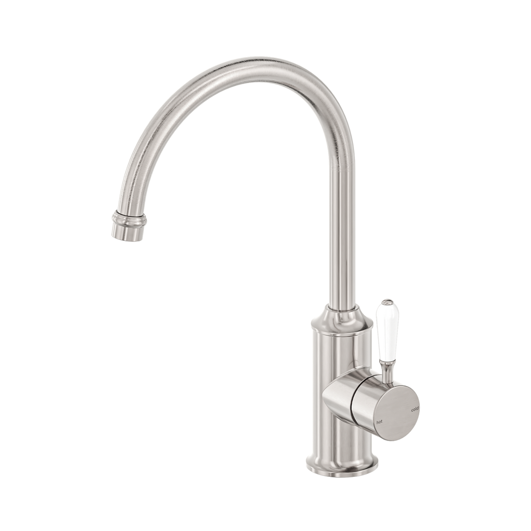 Nero York Kitchen Mixer Gooseneck Spout w/ Porcelain Lever CP Brushed Nickel