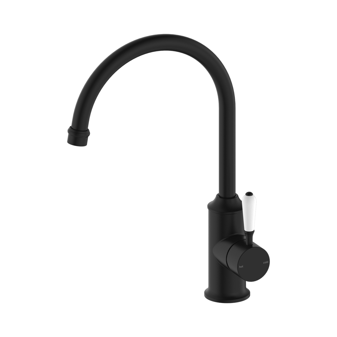 Nero York Kitchen Mixer Gooseneck Spout w/ Porcelain Lever CP Matte Black