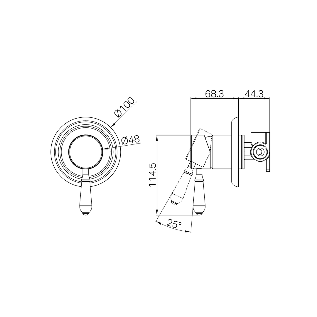 Nero York Shower Mixer w/ Porcelain Lever CP Line Drawing