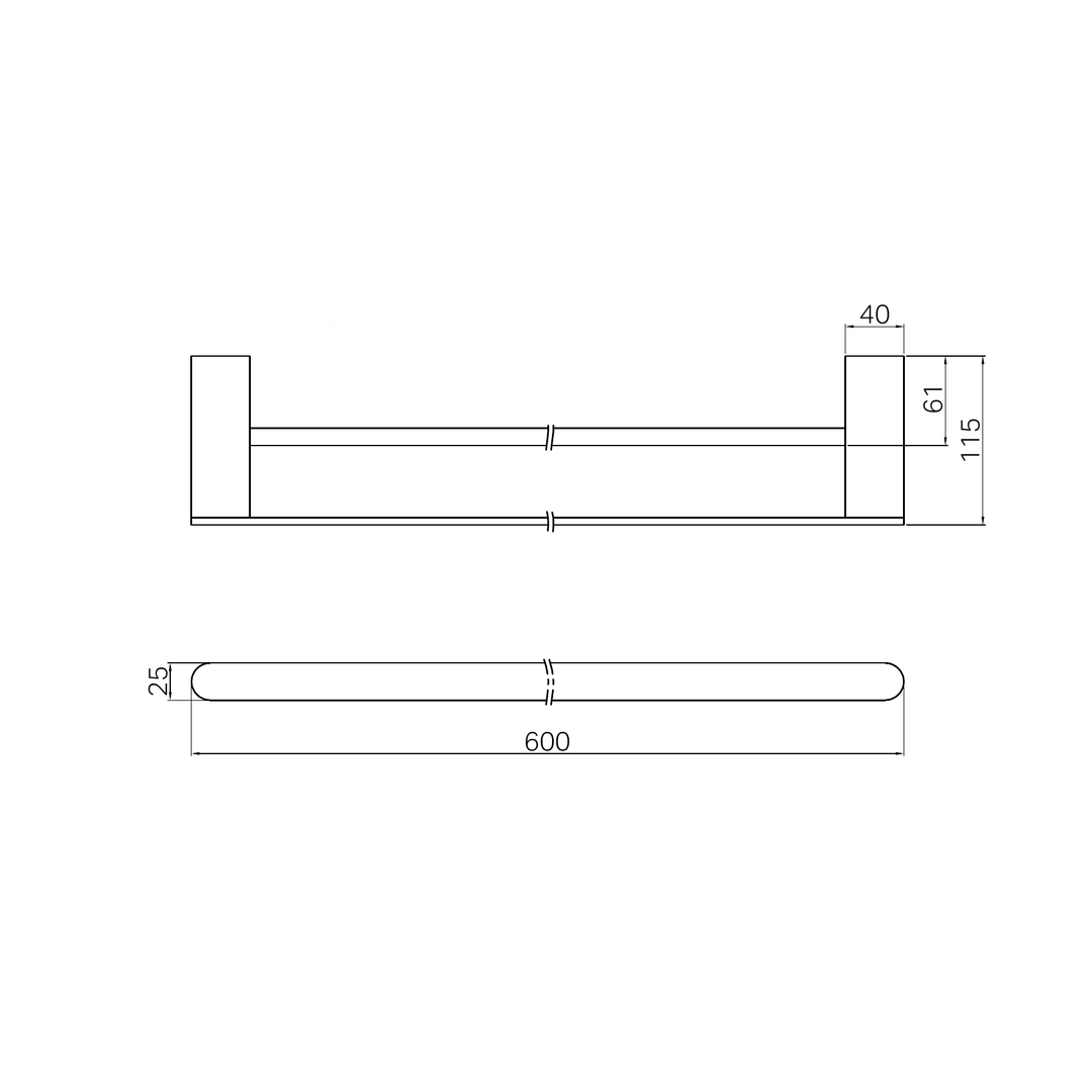 Nero Bianca Double Towel Rail 600mm Line Drawing