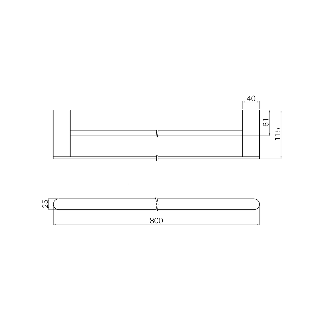 Nero Bianca Double Towel Rail 800mm Line Drawing