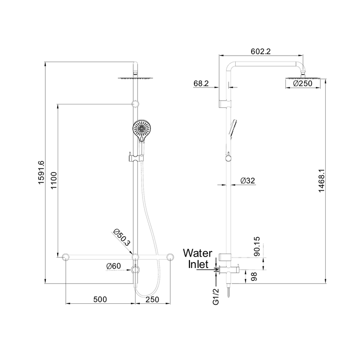 Nero Mecca Care 32mm T Bar Grab Rail 1100x750mm Twin Shower Set Line Drawing