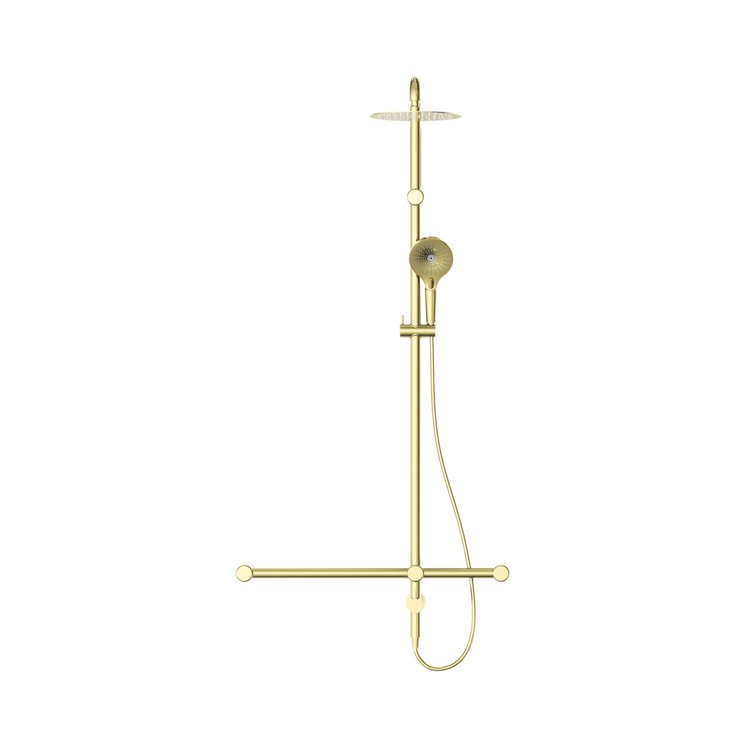 Nero Mecca Care 32mm T Bar Grab Rail 1100x750mm Twin Shower Set Brushed Gold