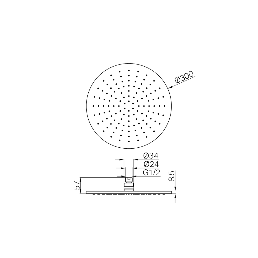 Nero 300mm Round Shower Head Line Drawing