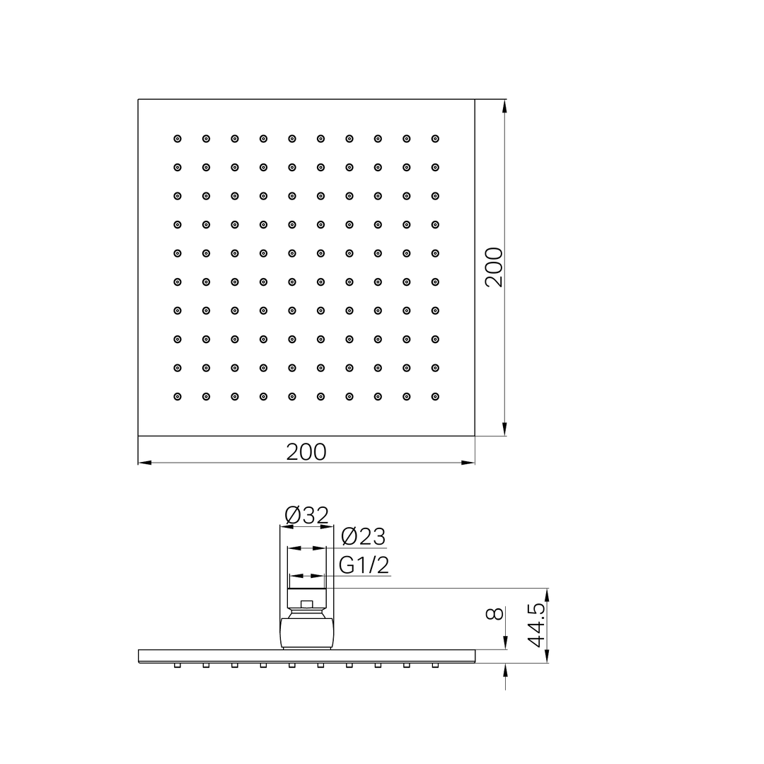 Nero 200mm Square Shower Head CP Line Drawing