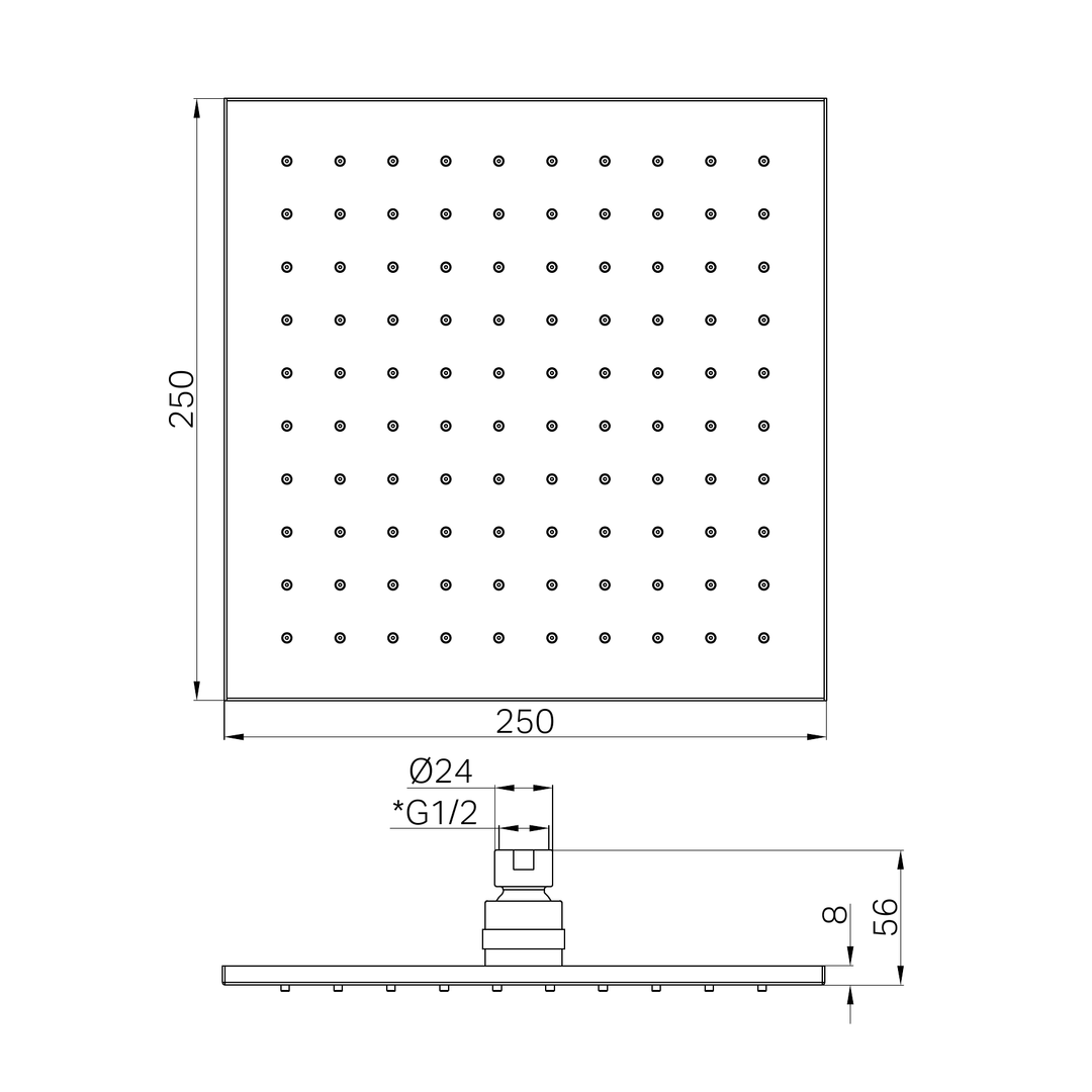 Nero 250mm Square Shower Head Line Drawing