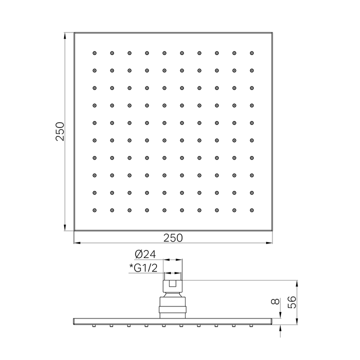 Nero 250mm Square Shower Head Line Drawing