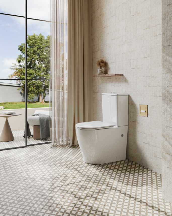 Siena Comfort Height Tornado Rimless Back-to-Wall Toilet Suite in a bathroom
