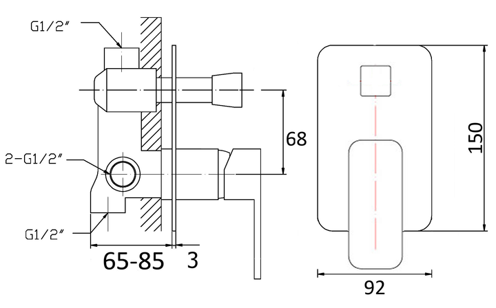 Elegant Wall Mixer with Diverter dimensions