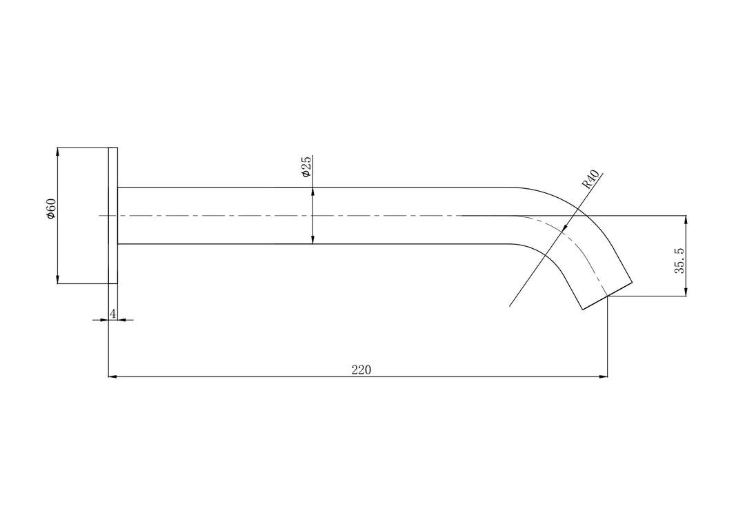 Aria Bath Spout 220mm dimensions