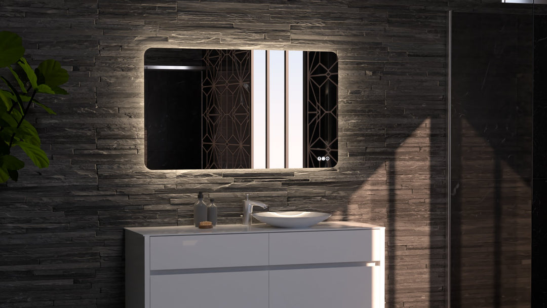 Lumixe Asta Soft Square Frameless LED Mirror, in a bathroom setting