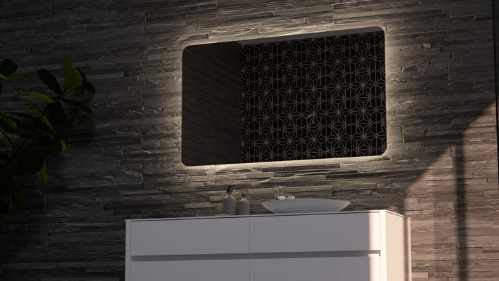 Lumixe Asta Soft Square Frameless LED Mirror, in a bathroom setting
