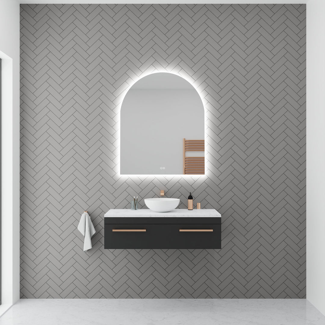 Lumixe Aura Arch Frameless LED Mirror, in a bathroom setting