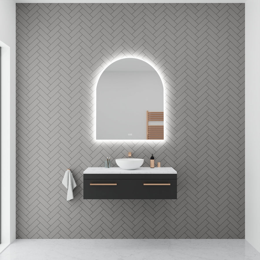 Lumixe Aura Arch Frameless LED Mirror, in a bathroom setting