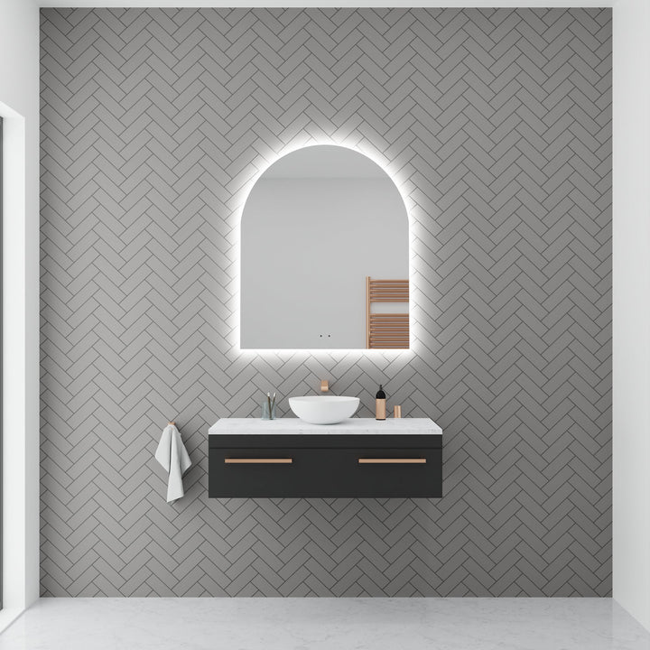 Lumixe Aura Arch Frameless LED Mirror, in a bathroom setting