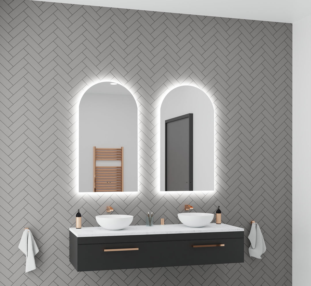 Lumixe Aura Arch Frameless LED Mirror, in a bathroom setting