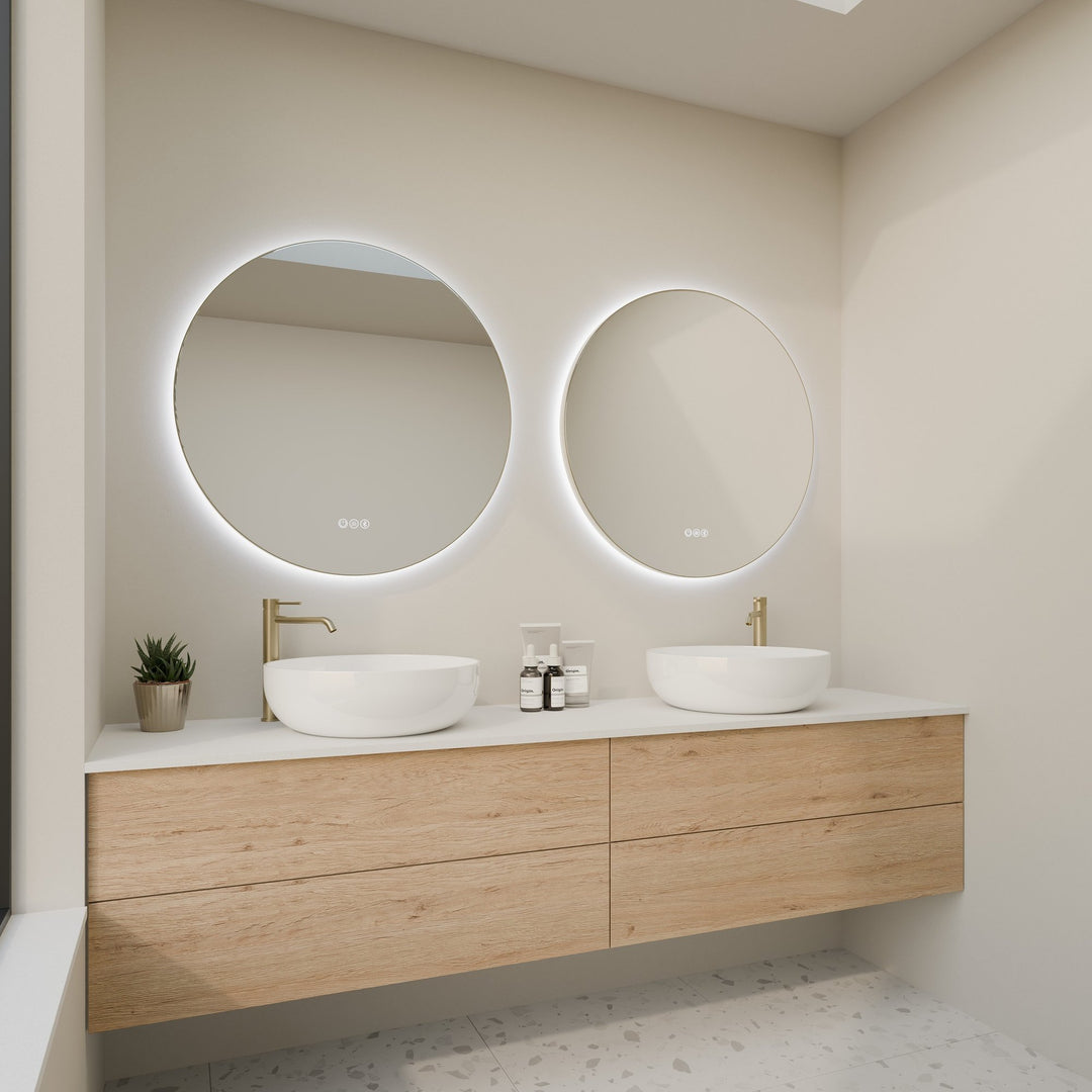 Lumixe Circo round framed LED mirror in Brushed Gold