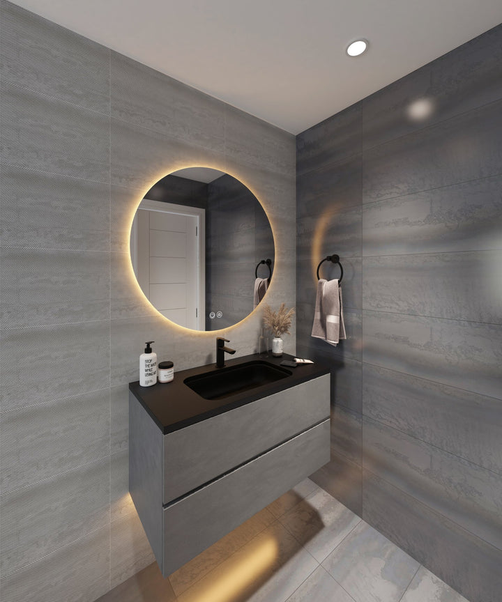 Lumixe Circo Round Frameless LED Mirror, in a bathroom setting
