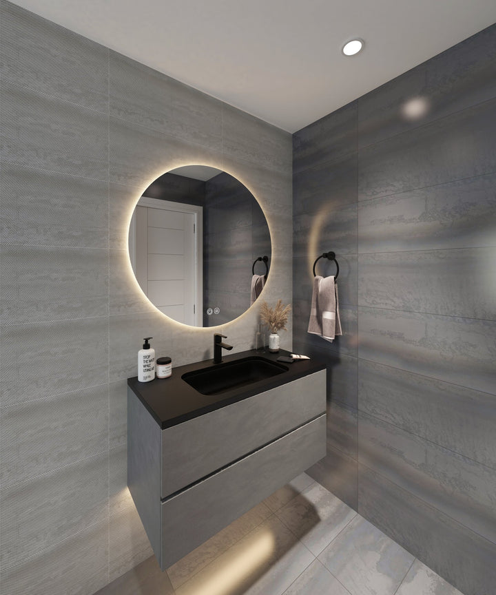 Lumixe Circo Round Frameless LED Mirror, in a bathroom setting