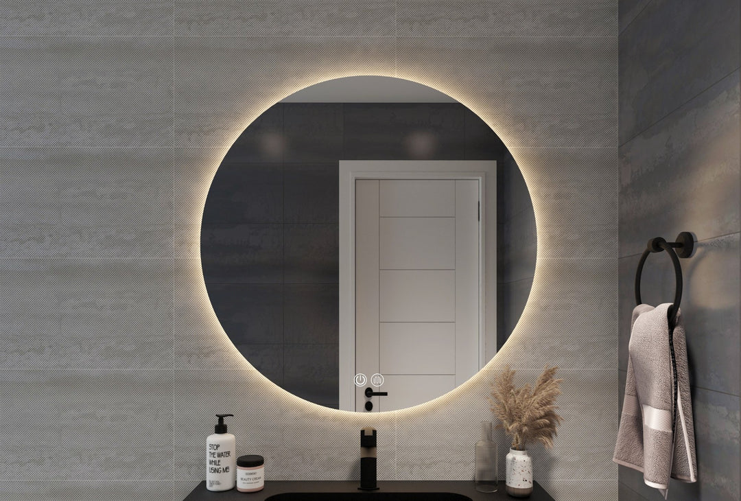 Lumixe Circo Round Frameless LED Mirror, in a bathroom setting