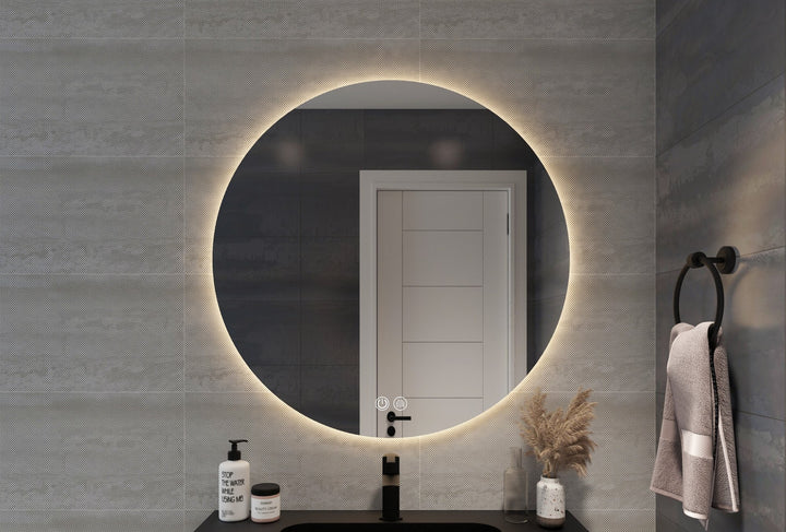 Lumixe Circo Round Frameless LED Mirror, in a bathroom setting