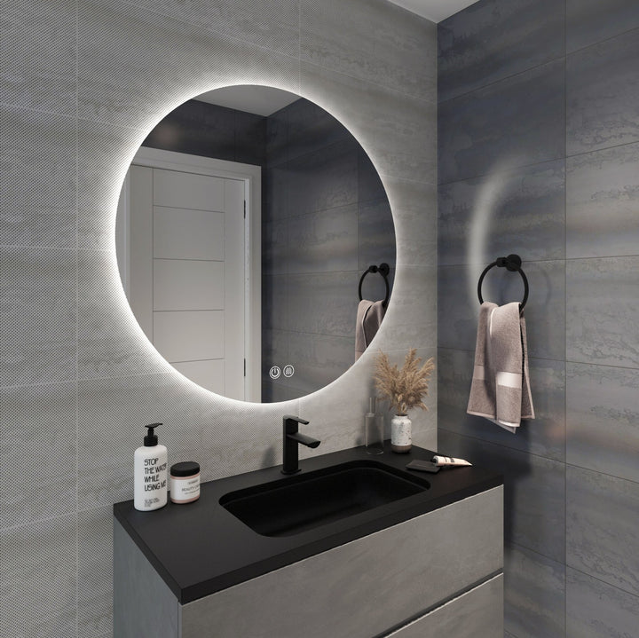 Lumixe Circo Round Frameless LED Mirror, in a bathroom setting