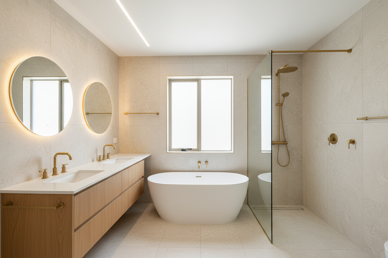 Completed modern Adelaide bathroom with vanity, mirror and shower