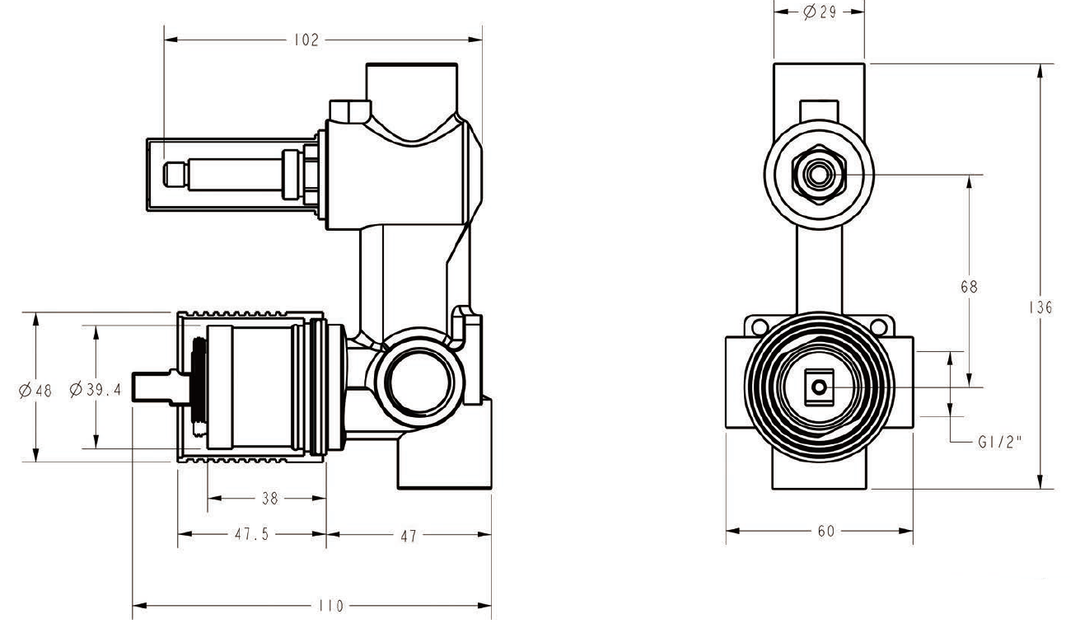 Luca Wall Diverter Mixer in-wall body dimensions