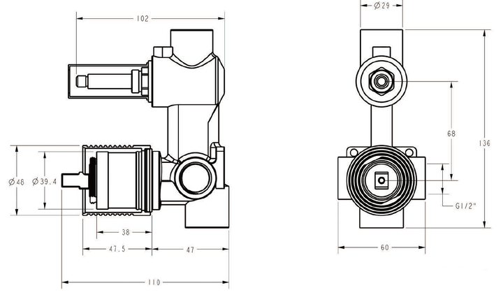 Luca Wall Diverter Mixer in-wall body dimensions
