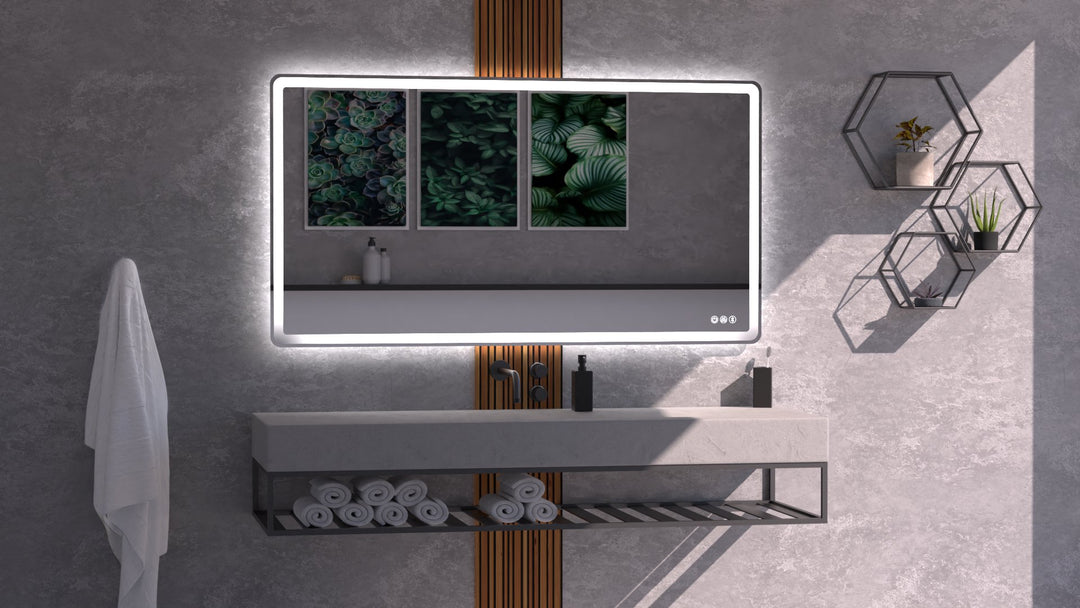 Lumixe Lume Curved Frameless LED Mirror, in a bathroom setting
