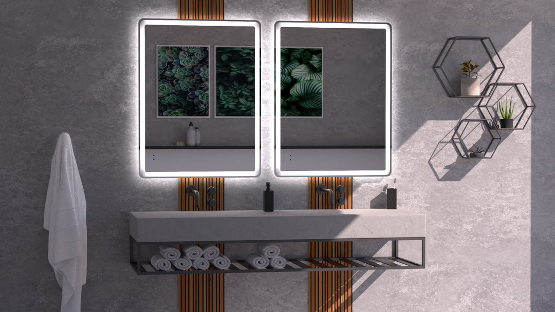 Lumixe Lume Curved Frameless LED Mirror, in a bathroom setting