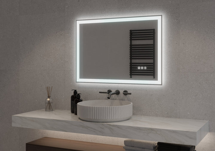 Lumixe Nexus Rectangular Frameless LED Mirror, in a bathroom setting