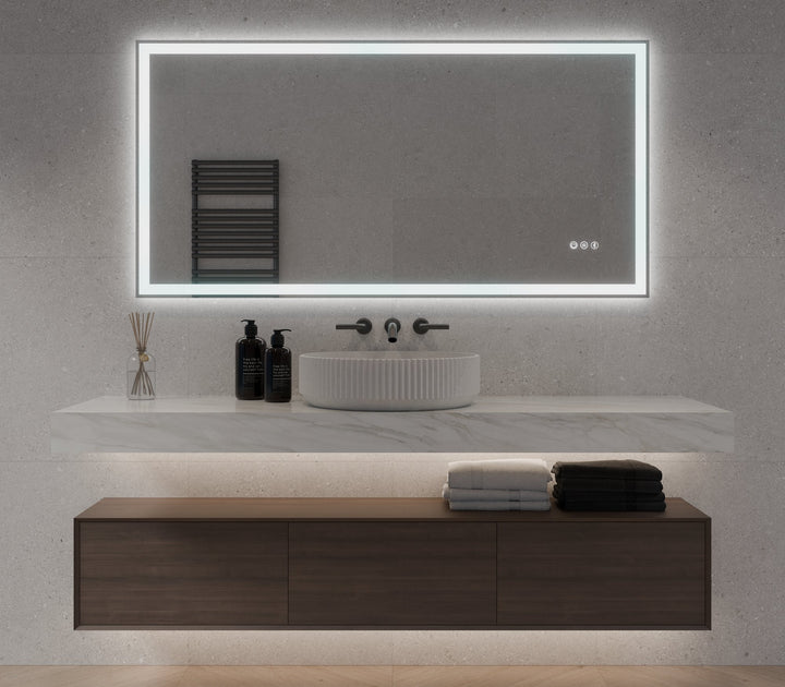 Lumixe Nexus Rectangular Frameless LED Mirror, in a bathroom setting
