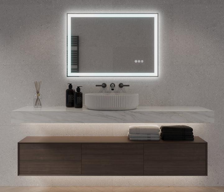 Lumixe Nexus Rectangular Frameless LED Mirror, in a bathroom setting