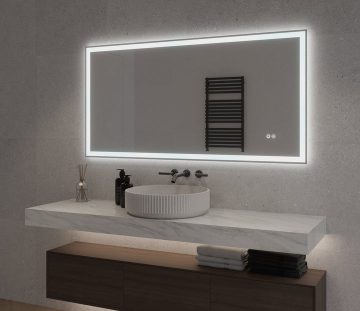 Lumixe Nexus Rectangular Frameless LED Mirror, in a bathroom setting