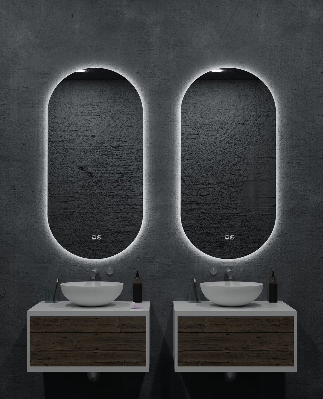 Lumixe Orvis Pill Frameless LED Mirror, in a bathroom setting