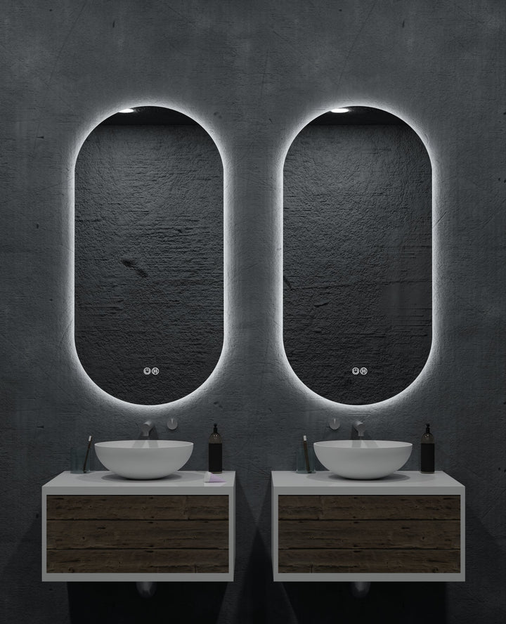 Lumixe Orvis Pill Frameless LED Mirror, in a bathroom setting