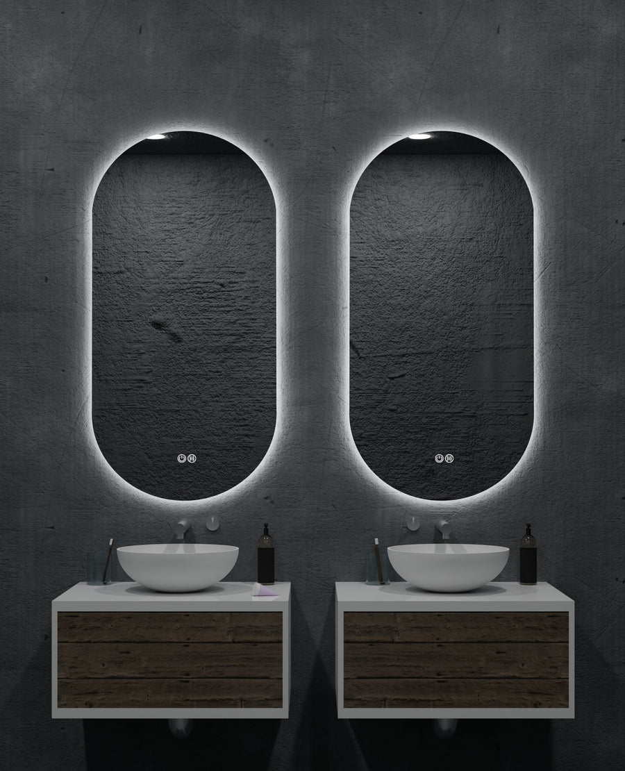 Lumixe Orvis Pill Frameless LED Mirror, in a bathroom setting