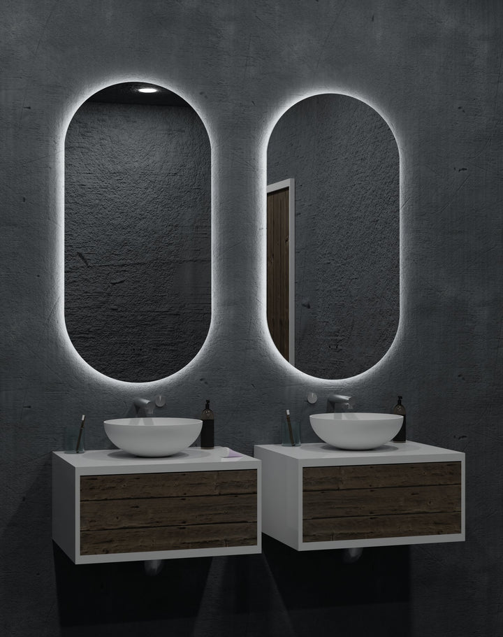 Lumixe Orvis Pill Frameless LED Mirror, in a bathroom setting