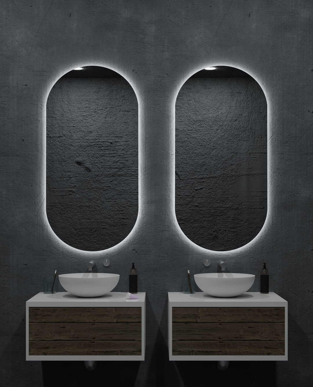 Lumixe Orvis Pill Frameless LED Mirror, in a bathroom setting