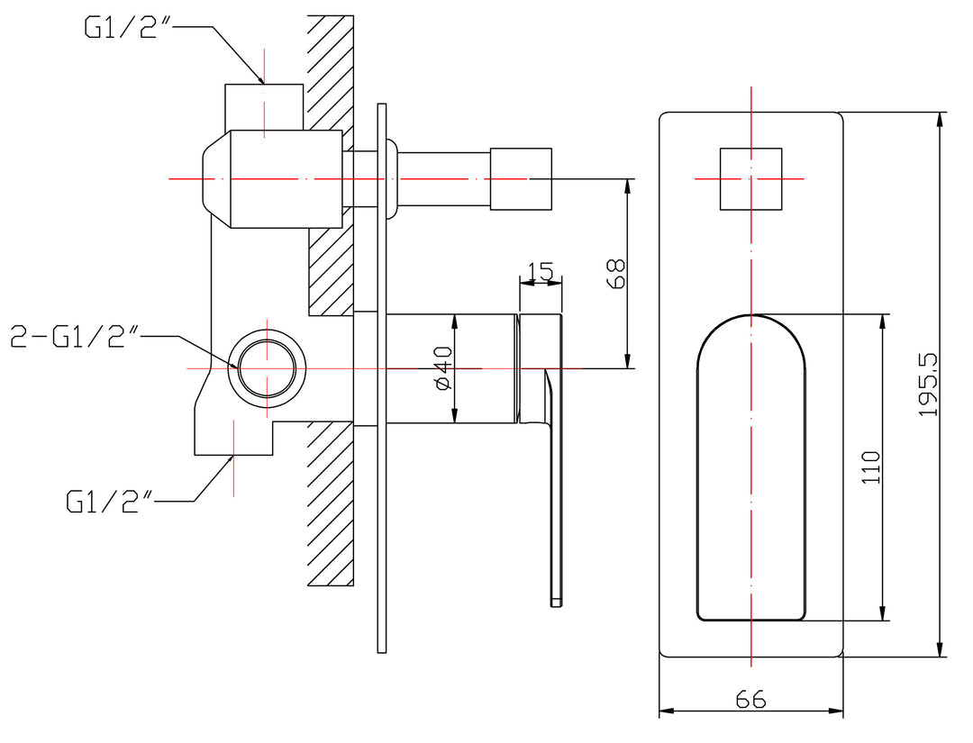 Evie Wall Mixer with Diverter dimensions
